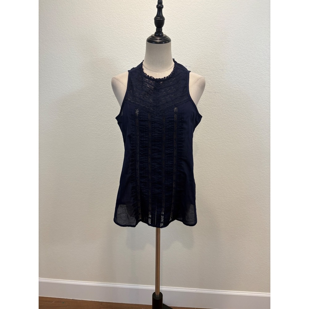 Gap Sleeveless Top Women S Navy Blue Lace Yoke Pintuck Boho Blouse‎ Coastal